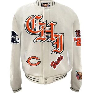 Cream Varsity Bomber Jacket with Orange Team Lettering